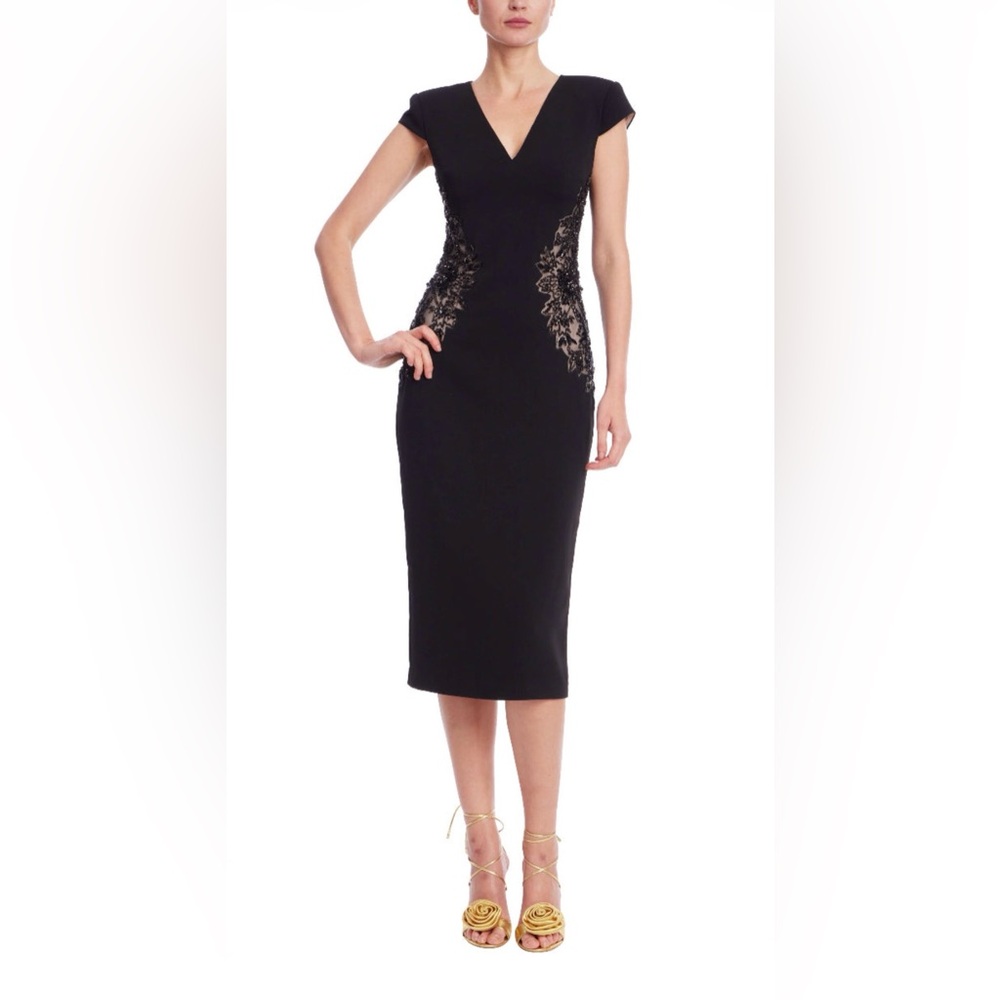 Badgley Mischka Black Midi Dress Beaded Lace Side Panels Sheath size 12 NWT